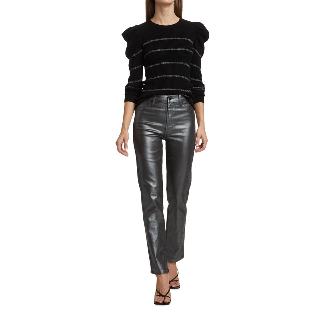 NEW 7 For All Mankind Stripe Rib-Knit Puff-Sleeve Sweater Black & Silver